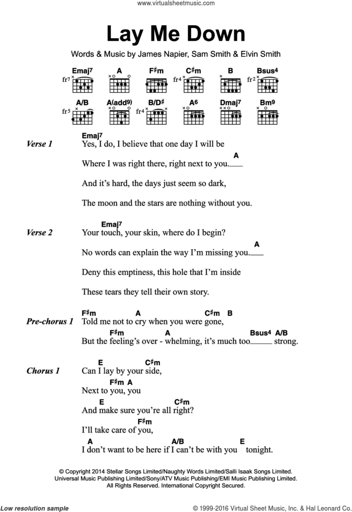Lay Me Down sheet music for guitar (chords) by Sam Smith, Elvin Smith and James Napier, intermediate skill level