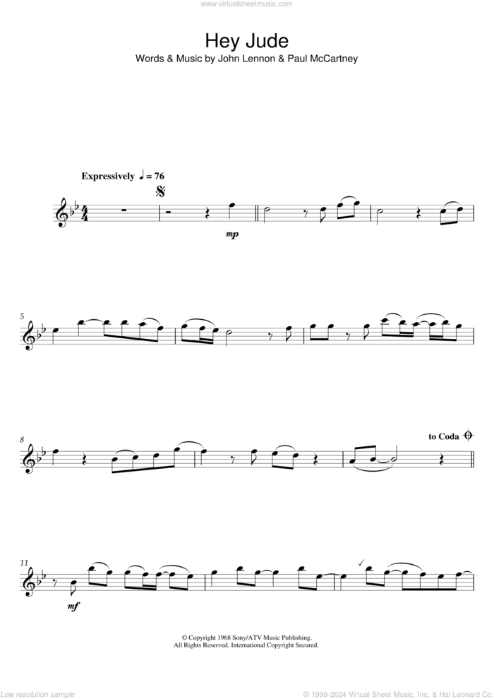 Hey Jude sheet music for flute solo by The Beatles, John Lennon and Paul McCartney, intermediate skill level