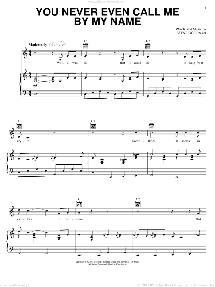 You Never Even Call Me By My Name sheet music for voice, piano or guitar by David Allan Coe and Steve Goodman, intermediate skill level