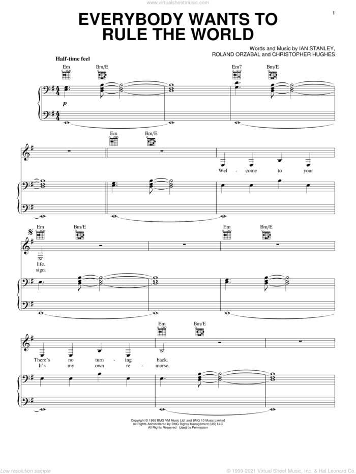 Everybody Wants To Rule The World sheet music for voice, piano or guitar by Tears For Fears, Lorde, Christopher Hughes, Ian Stanley and Roland Orzabal, intermediate skill level