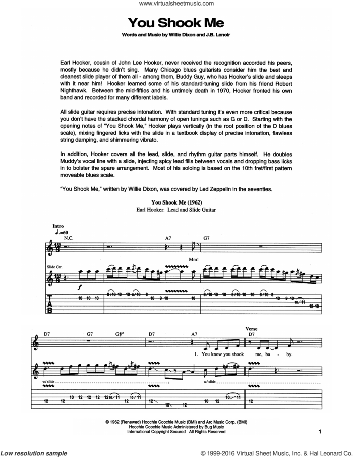 You Shook Me sheet music for guitar (tablature) by Muddy Waters, Led Zeppelin, J.B. Lenoir and Willie Dixon, intermediate skill level