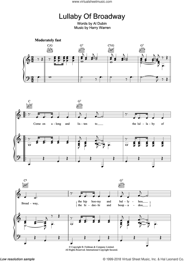 Lullaby Of Broadway sheet music for voice, piano or guitar by Harry Warren and Al Dubin, intermediate skill level