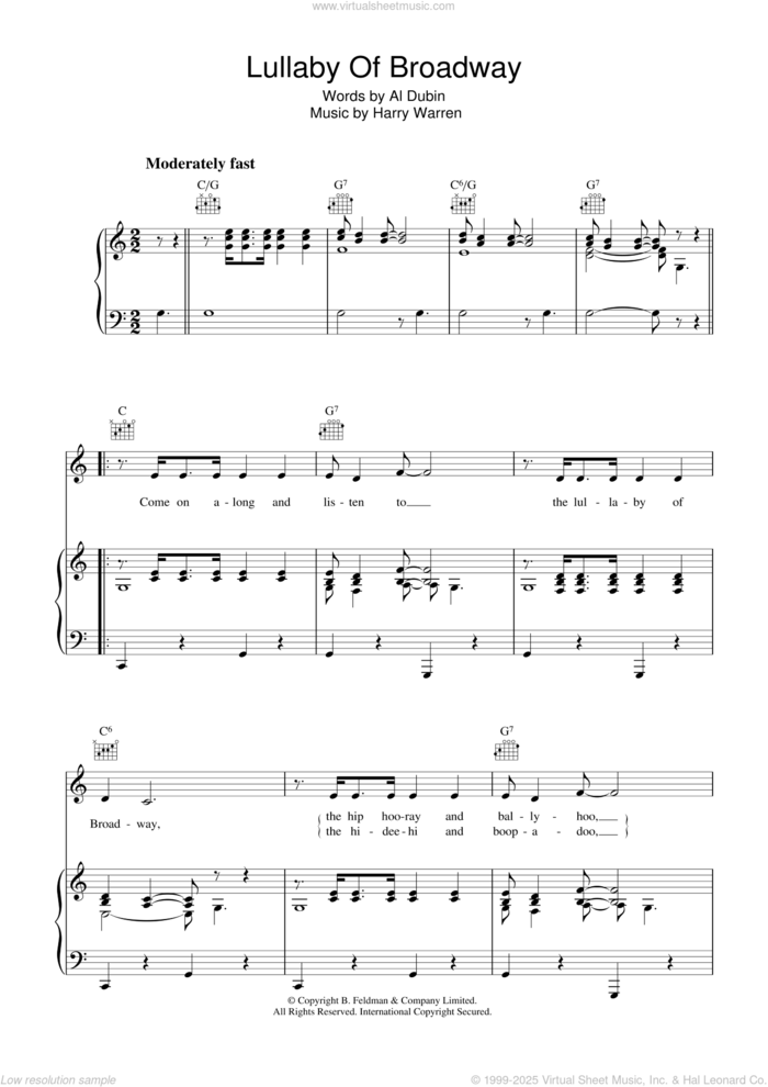 Lullaby Of Broadway sheet music for voice, piano or guitar by Harry Warren and Al Dubin, intermediate skill level