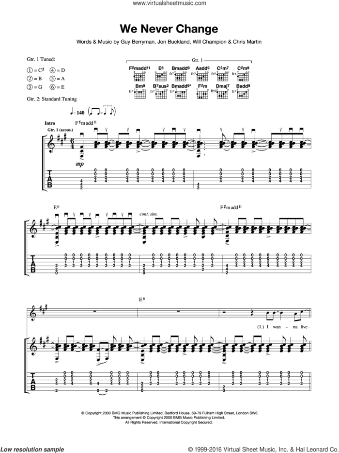 We Never Change sheet music for guitar (tablature) by Coldplay, intermediate skill level