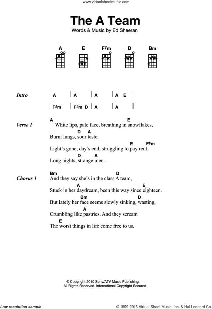 The A Team sheet music for ukulele by Ed Sheeran, intermediate skill level