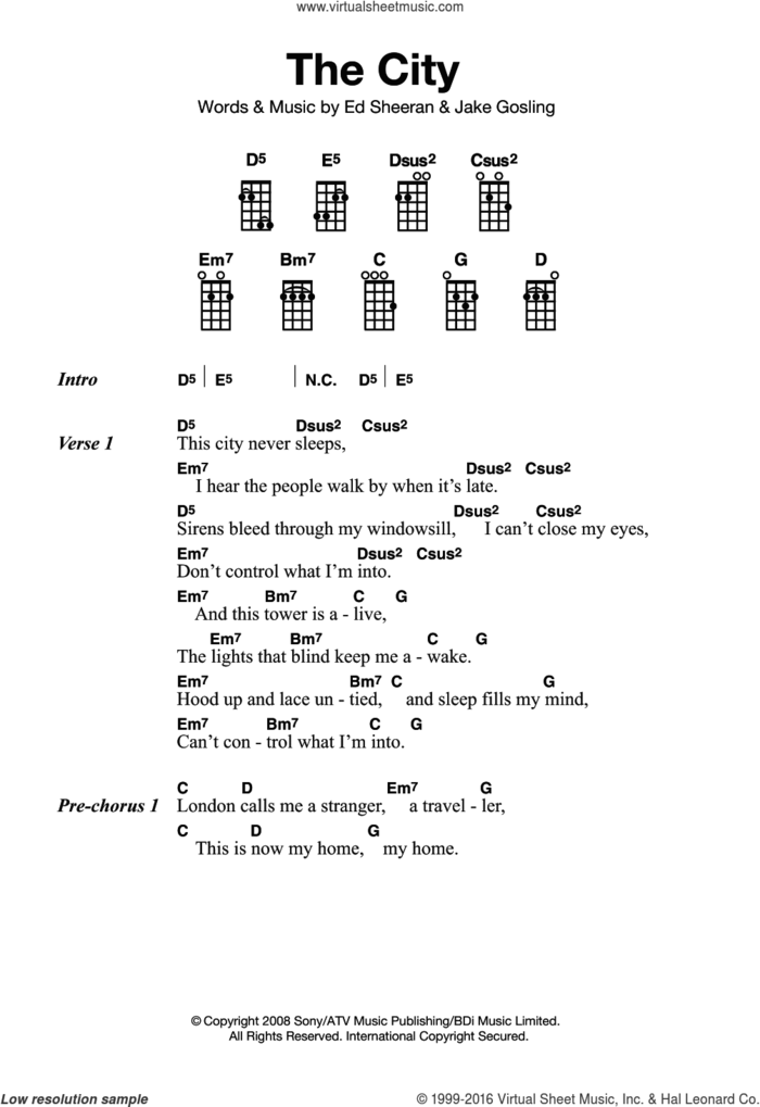 The City sheet music for ukulele by Ed Sheeran and Jake Gosling, intermediate skill level