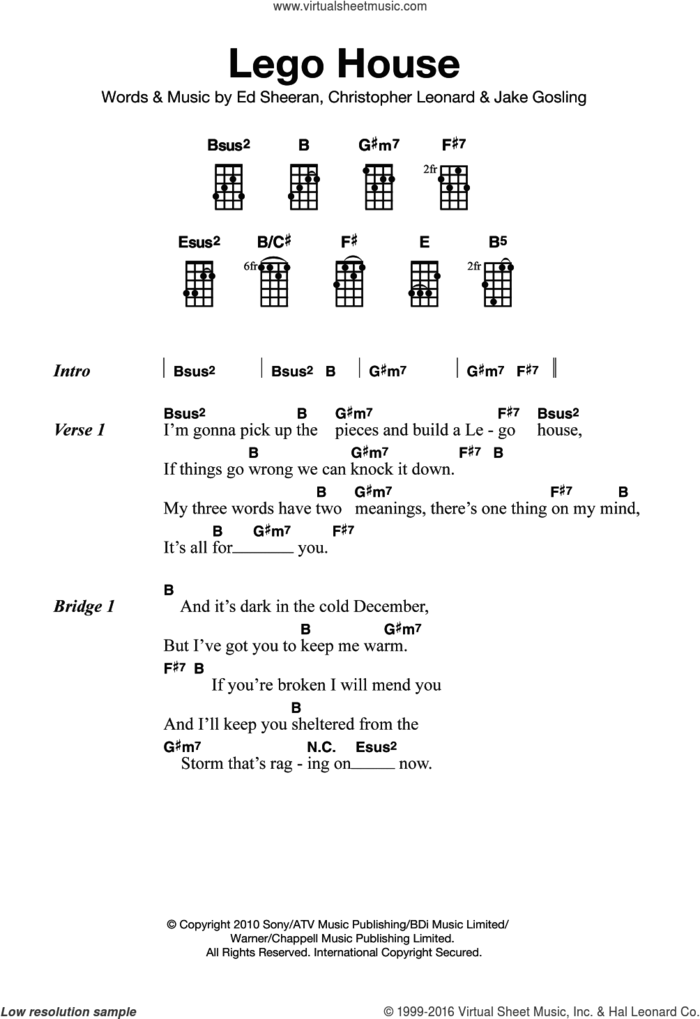 Lego House sheet music for ukulele by Ed Sheeran, Christopher Leonard and Jake Gosling, intermediate skill level