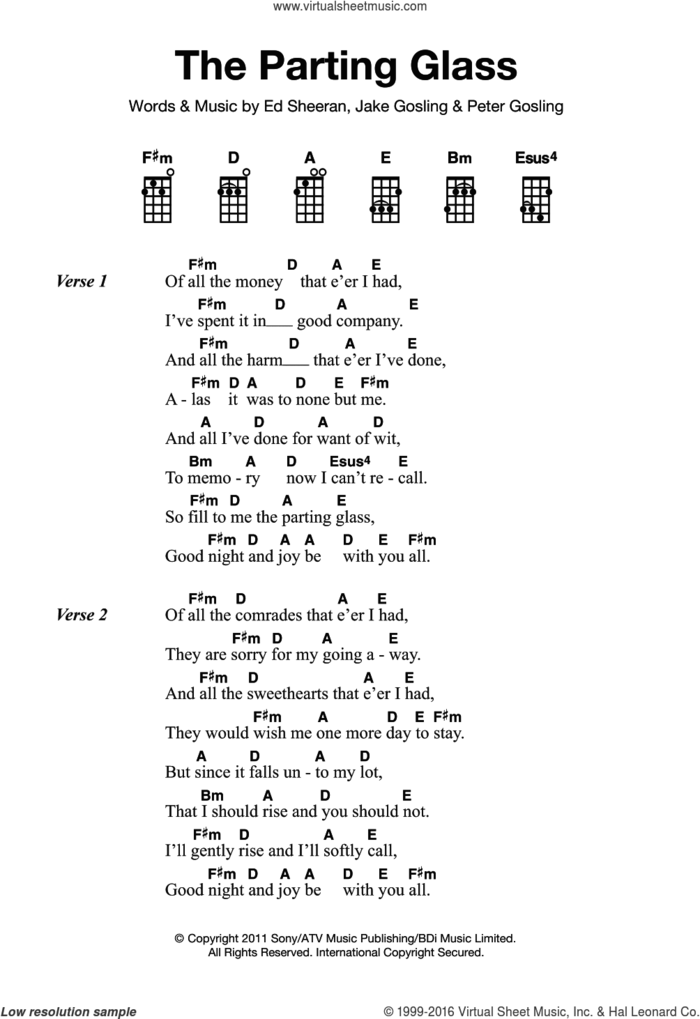 The Parting Glass sheet music for ukulele by Ed Sheeran, Jake Gosling and Peter Gosling, intermediate skill level