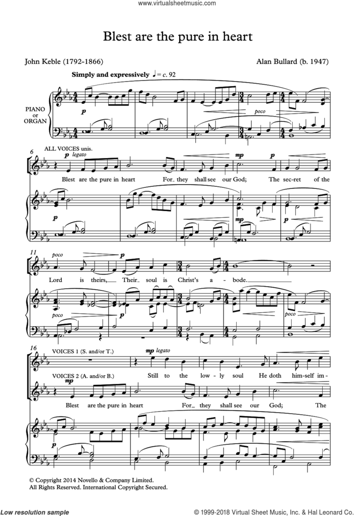 Blest Are The Pure In Heart sheet music for choir by Alan Bullard and John Keble, intermediate skill level