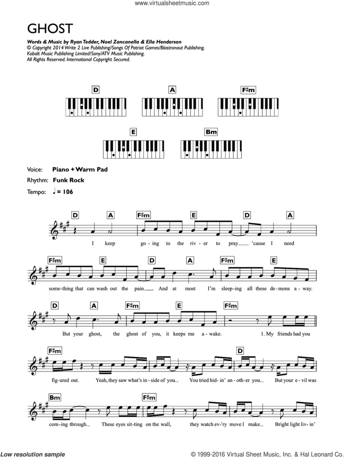 Ghost sheet music for piano solo (chords, lyrics, melody) by Ella Henderson, intermediate piano (chords, lyrics, melody)