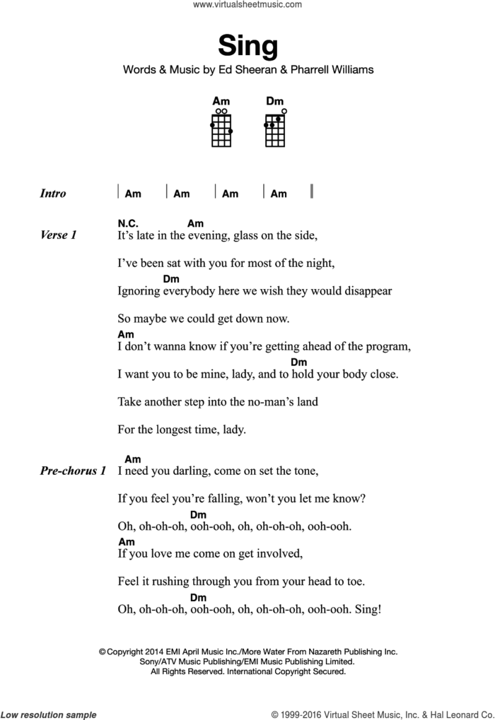 Sing sheet music for ukulele by Ed Sheeran and Pharrell Williams, intermediate skill level