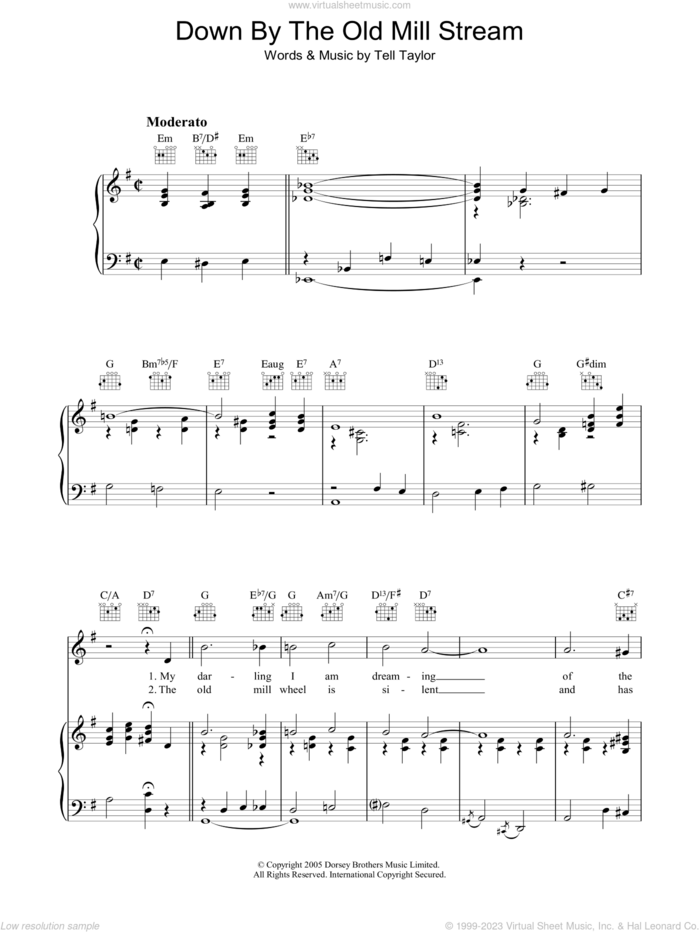 Down By The Old Mill Stream sheet music for voice, piano or guitar by Tell Taylor, intermediate skill level
