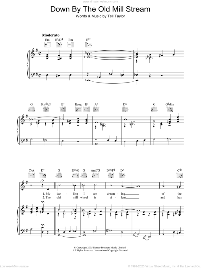 Down By The Old Mill Stream sheet music for voice, piano or guitar by Tell Taylor, intermediate skill level