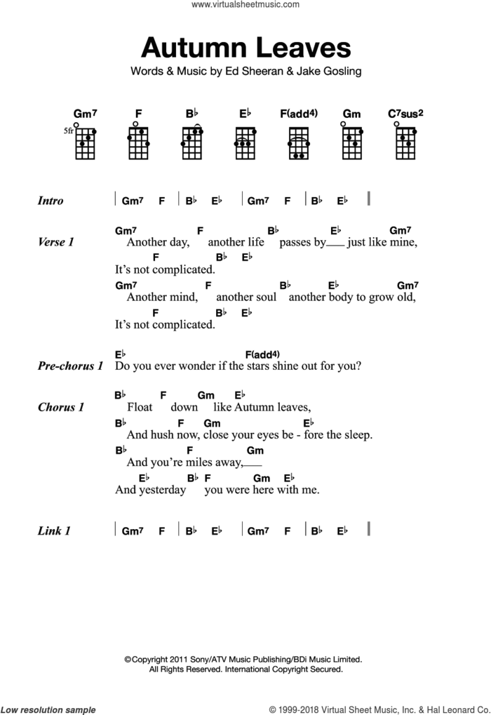 Autumn Leaves sheet music for ukulele by Ed Sheeran and Jake Gosling, intermediate skill level