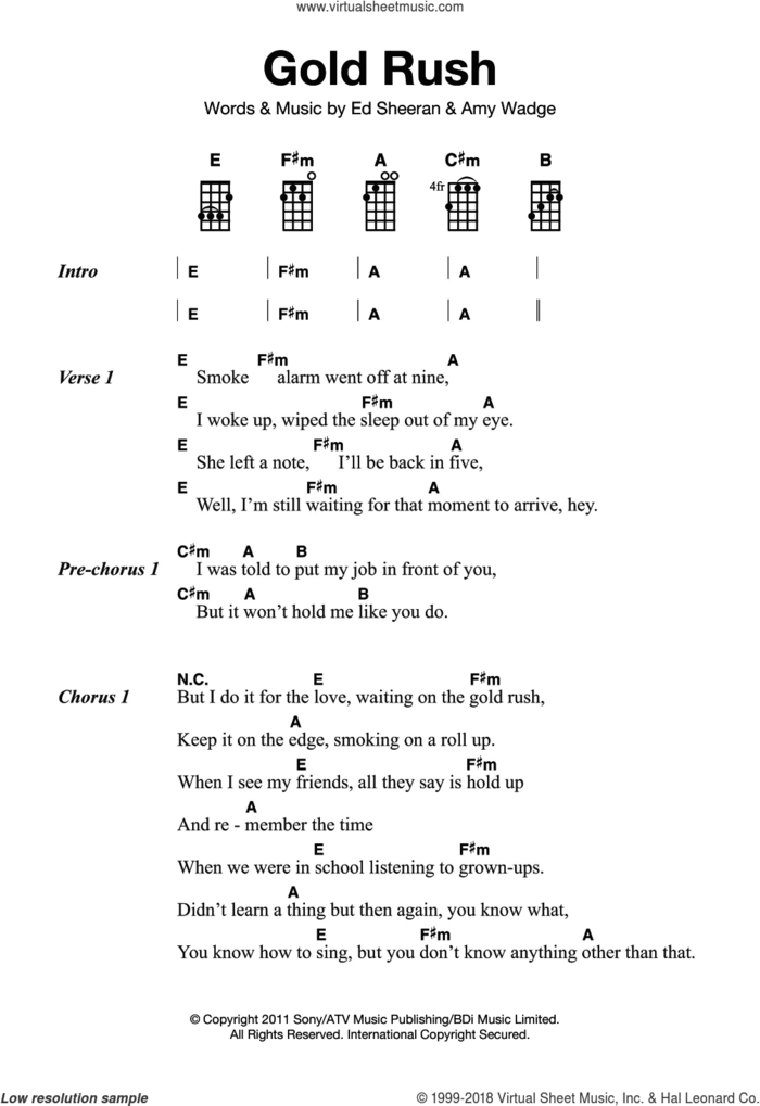 Gold Rush sheet music for ukulele by Ed Sheeran and Amy Wadge, intermediate skill level
