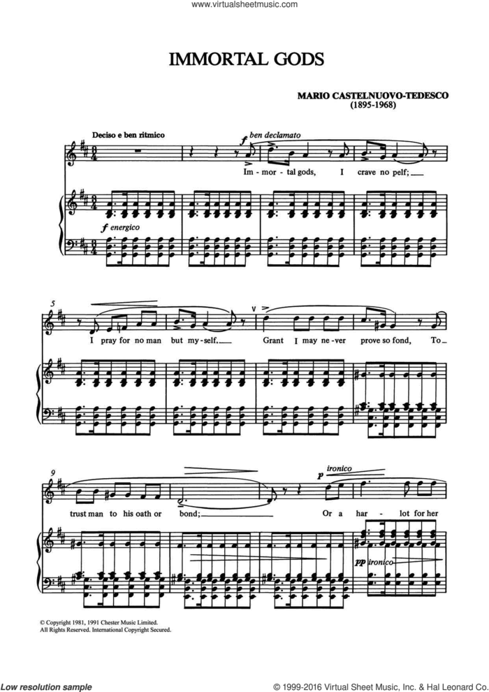 Immortal Gods sheet music for voice, piano or guitar by Mario Castelnuovo-Tedesco, classical score, intermediate skill level