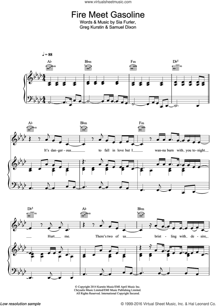 Fire Meet Gasoline sheet music for voice, piano or guitar by Sia, intermediate skill level