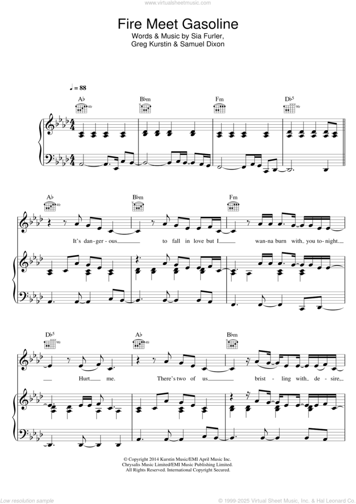 Fire Meet Gasoline sheet music for voice, piano or guitar by Sia, intermediate skill level