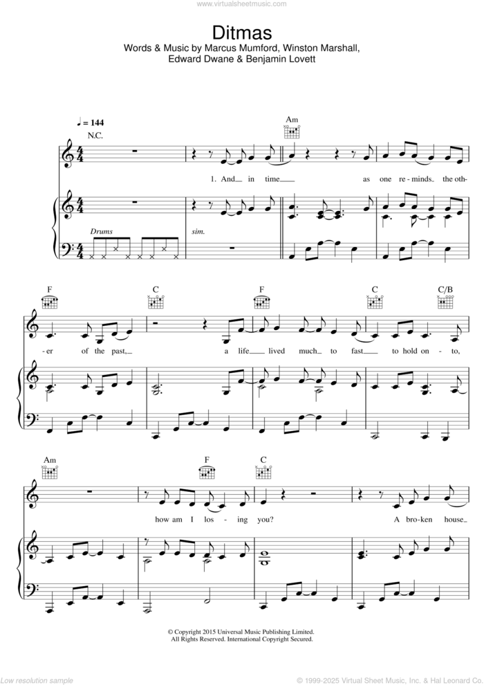 Ditmas sheet music for voice, piano or guitar by Mumford & Sons, Benjamin Lovett, Edward Dwane, Marcus Mumford and Winston Marshall, intermediate skill level