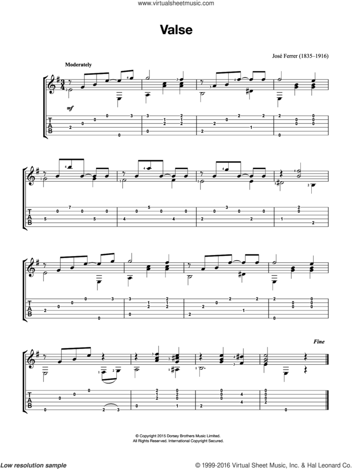 Valse sheet music for guitar solo (chords) by JosÃ© Ferrer and Jose Ferrer, classical score, easy guitar (chords)