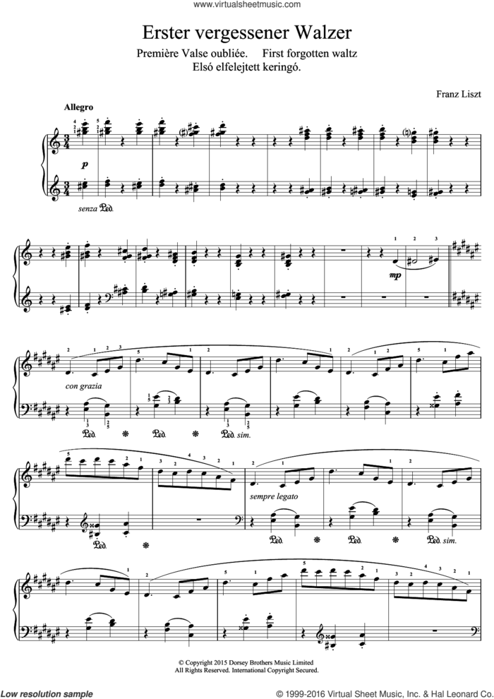 Valse Oubliee No.1 sheet music for piano solo by Franz Liszt, classical score, intermediate skill level