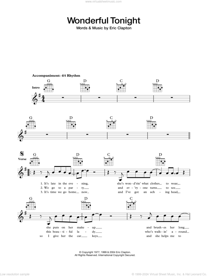 Wonderful Tonight sheet music for voice and other instruments (fake book) by Eric Clapton, wedding score, intermediate skill level