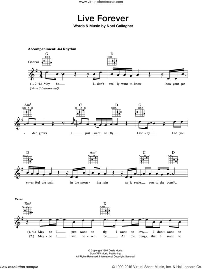 Live Forever sheet music for voice and other instruments (fake book) by Oasis, intermediate skill level