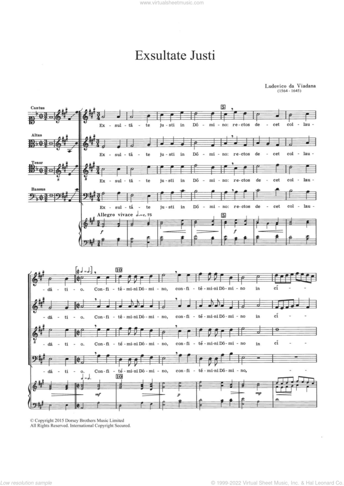 Exsultate Justi sheet music for choir by Lodovico Grossi da Viadana, classical score, intermediate skill level