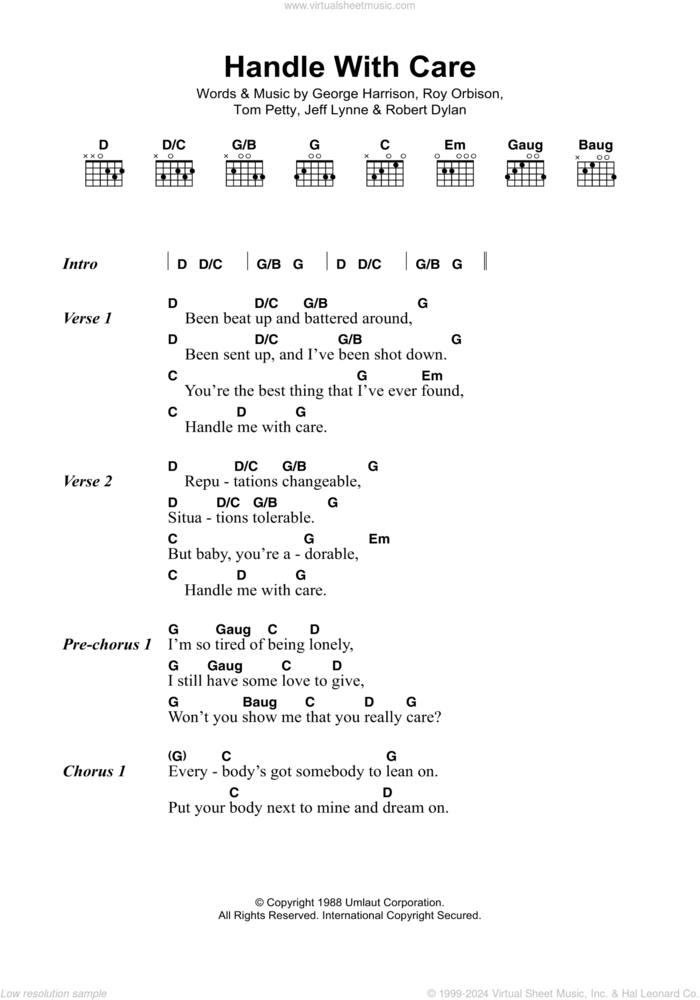 Handle With Care sheet music for guitar (chords) by The Traveling Wilburys, intermediate skill level