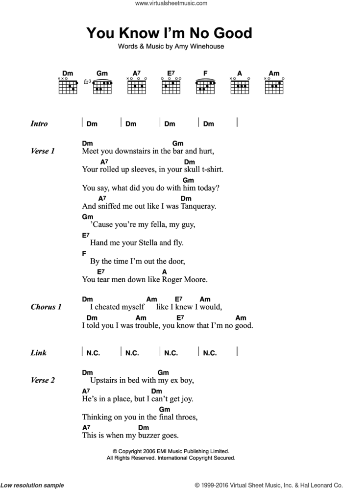You Know I'm No Good sheet music for guitar (chords) by Amy Winehouse, intermediate skill level