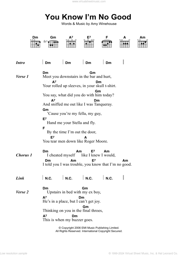 You Know I'm No Good sheet music for guitar (chords) by Amy Winehouse, intermediate skill level