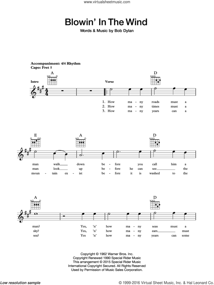 Blowin' In The Wind sheet music for guitar solo (chords) by Bob Dylan, easy guitar (chords)