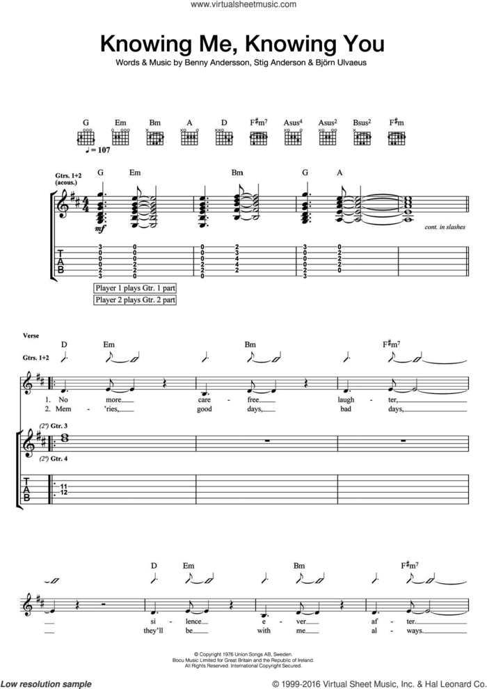 Knowing Me, Knowing You sheet music for guitar (tablature) by ABBA, intermediate skill level