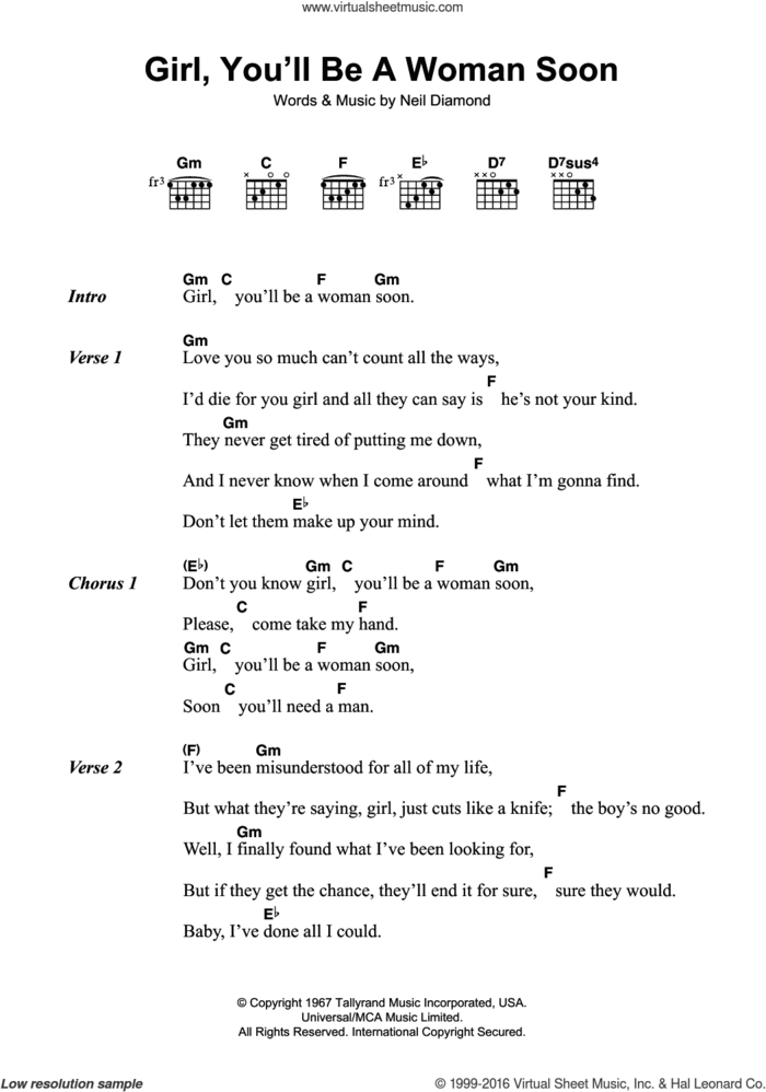 Girl, You'll Be A Woman Soon sheet music for guitar (chords) by Neil Diamond, intermediate skill level