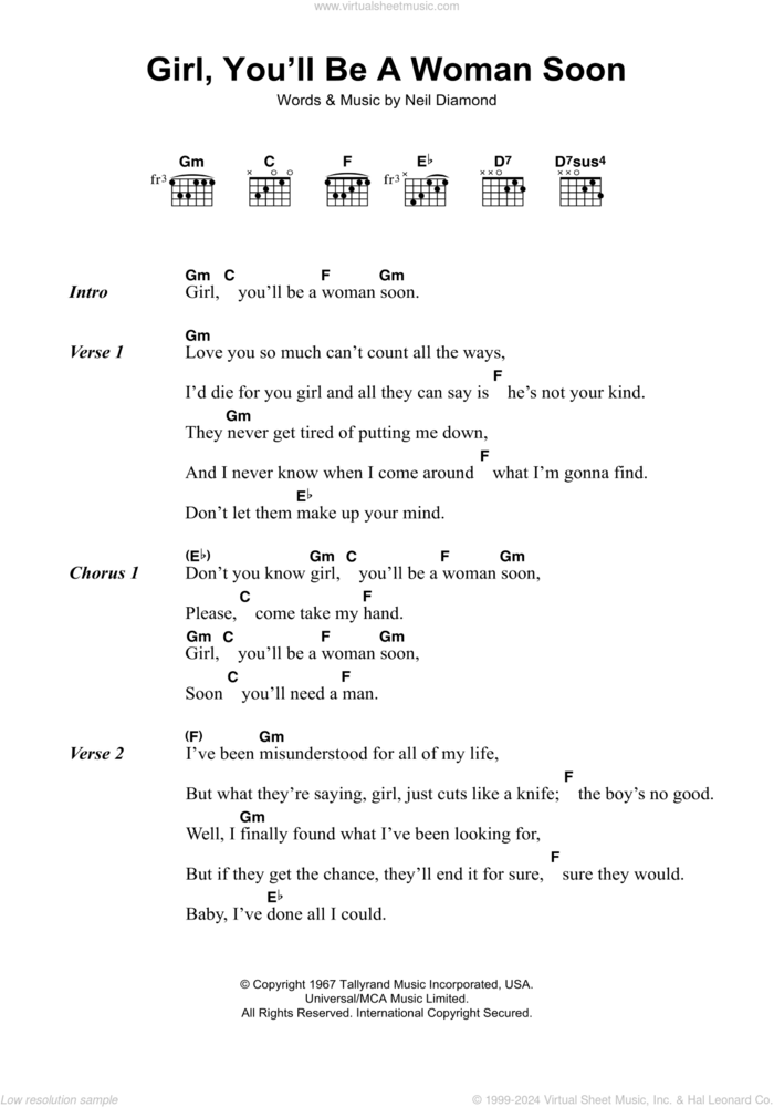 Girl, You'll Be A Woman Soon sheet music for guitar (chords) by Neil Diamond, intermediate skill level