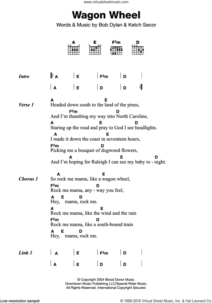 Wagon Wheel sheet music for guitar (chords) by Old Crow Medicine Show, intermediate skill level