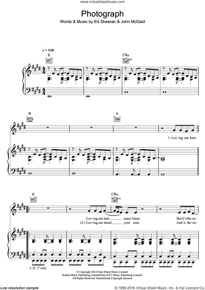 Photograph sheet music for voice, piano or guitar by Ed Sheeran, intermediate skill level