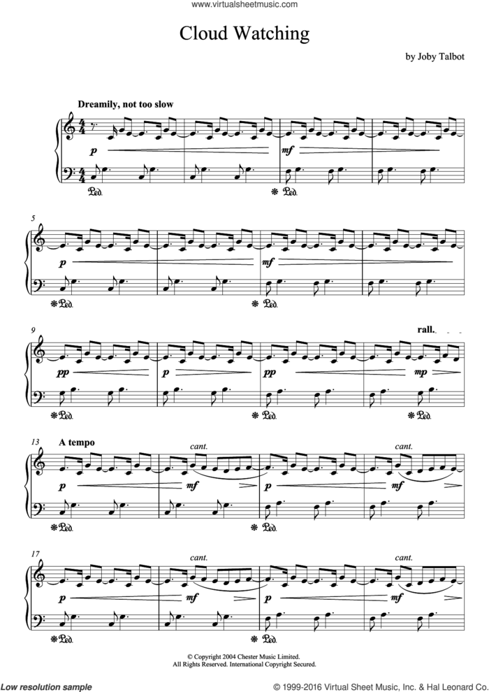 Cloud Watching sheet music for piano solo by Joby Talbot, intermediate skill level