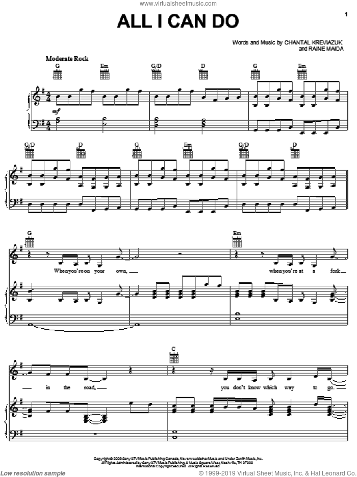 All I Can Do sheet music for voice, piano or guitar by Chantal Kreviazuk and Raine Maida, intermediate skill level