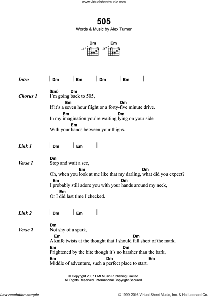 505 sheet music for guitar (chords) by Arctic Monkeys, intermediate skill level