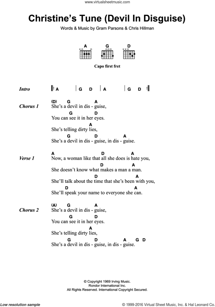 Christine's Tune (Devil In Disguise) sheet music for guitar (chords) by The Flying Burrito Brothers, intermediate skill level