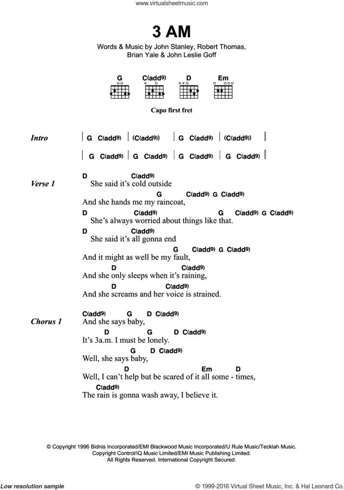 3AM sheet music for guitar (chords) by Matchbox Twenty, intermediate skill level