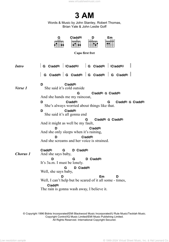 3AM sheet music for guitar (chords) by Matchbox Twenty, intermediate skill level