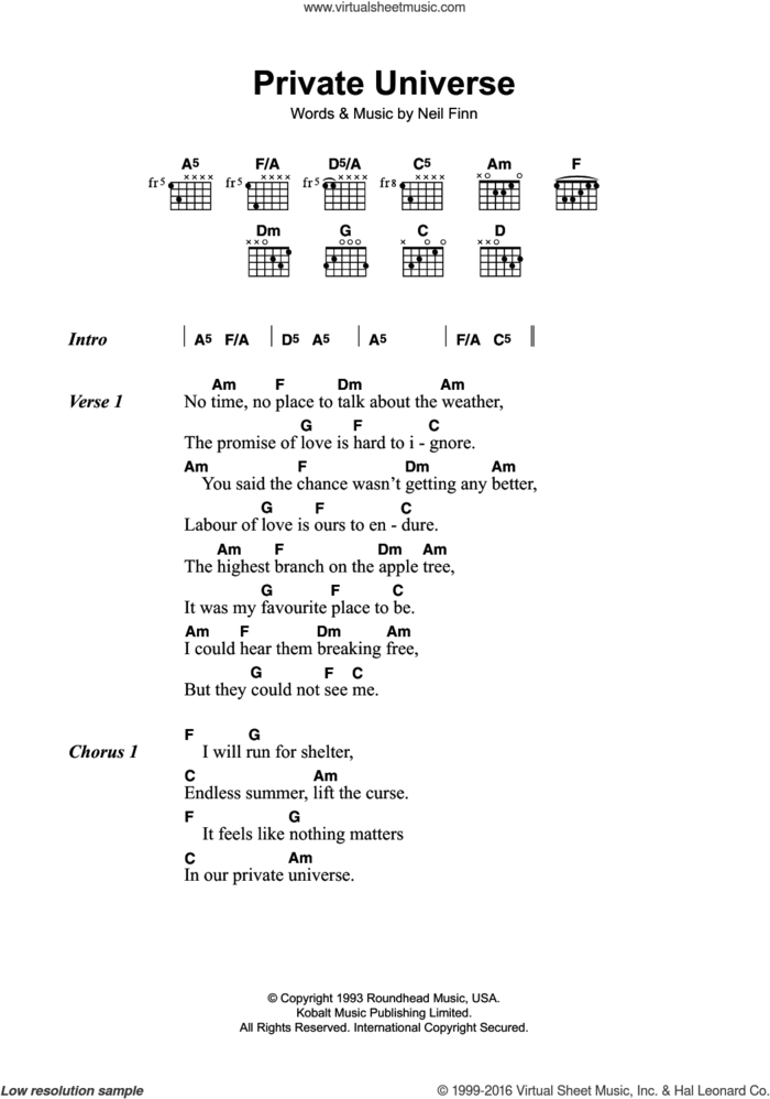 Private Universe sheet music for guitar (chords) by Crowded House, intermediate skill level
