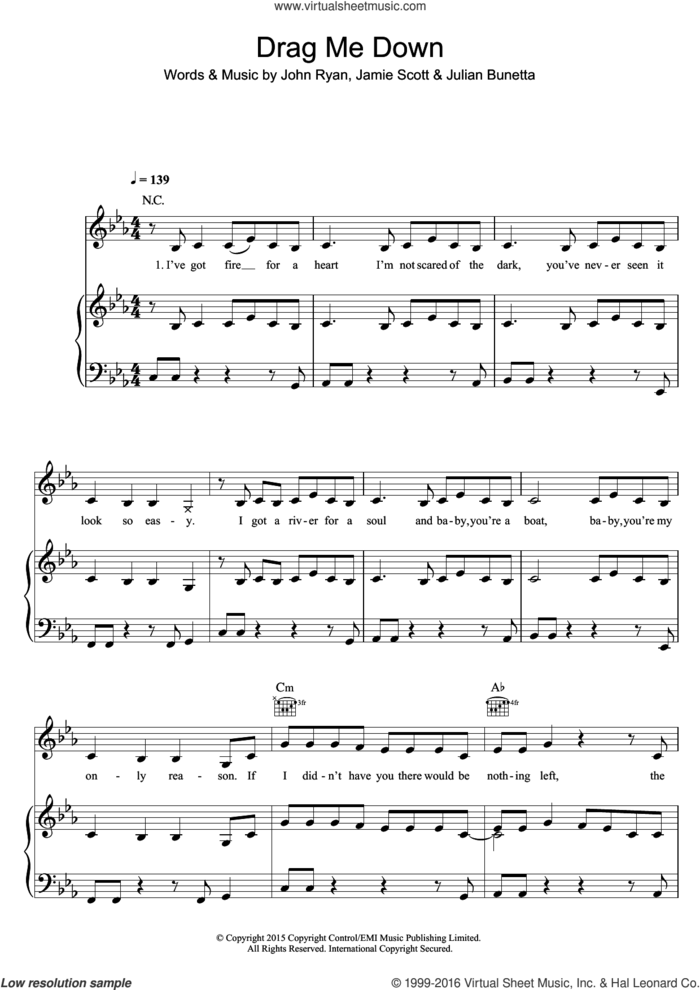 Drag Me Down sheet music for voice, piano or guitar by One Direction, intermediate skill level