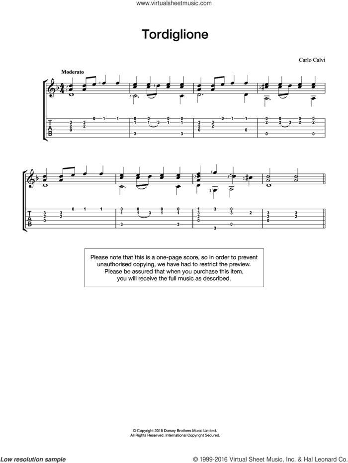 Tordiglione sheet music for guitar solo (chords) by Carlo Calvi, easy guitar (chords)