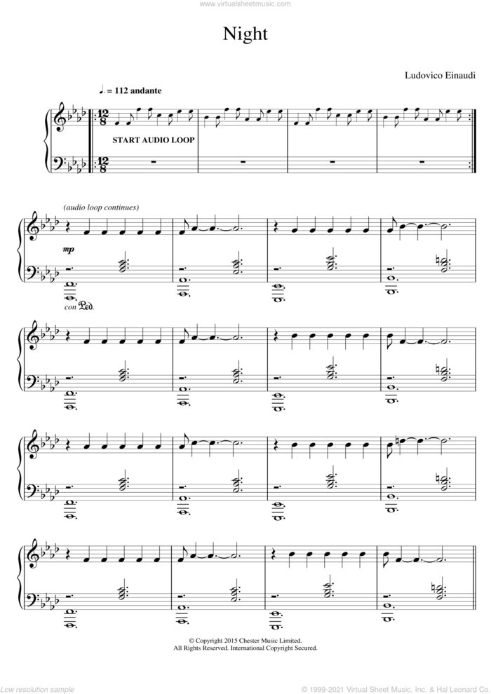 Night (inc. free backing track) sheet music for piano solo by Ludovico Einaudi, classical score, intermediate skill level