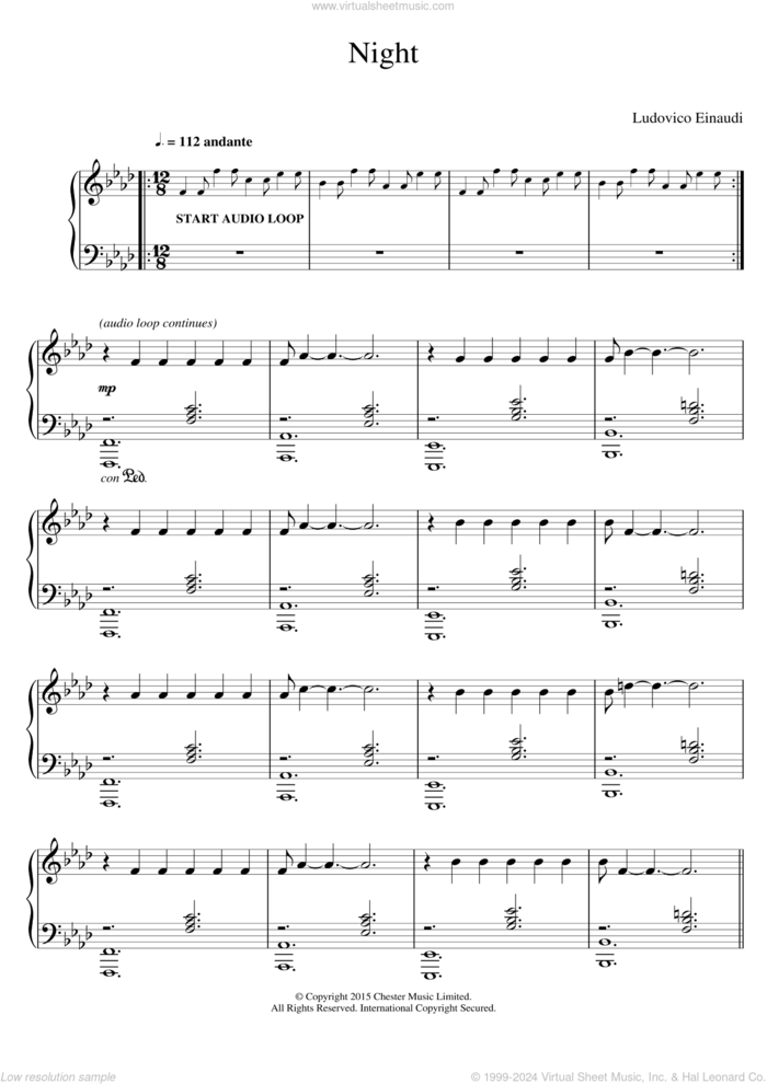 Night (inc. free backing track) sheet music for piano solo by Ludovico Einaudi, classical score, intermediate skill level