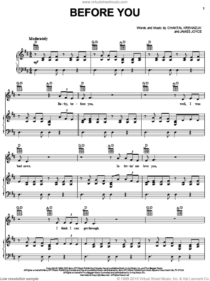 Before You sheet music for voice, piano or guitar by Chantal Kreviazuk and James Joyce, intermediate skill level