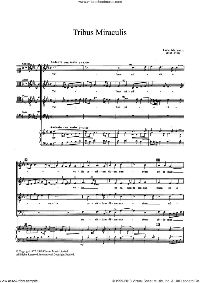 Tribus Miraculis sheet music for choir by Luca Marenzio, classical score, intermediate skill level